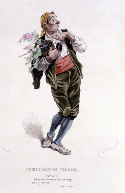 爱德华·富尼耶 (Edouard Fournier) 的博马舍 (Beaumarchais) (1732-1799) 的完整作品。 埃米尔·贝亚德画的。 埃德。 Laplace, Sanchez et Cie, Paris 1876. 这是《费加罗的婚礼》中的安东尼奥 作者 埃米尔·安托万·贝亚德