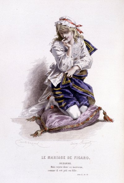 博马舍(1732-1799)作品全集》由爱德华-富尼耶著。埃米尔-巴亚尔绘图。Ed.Laplace, Sanchez et Cie, Paris 1876.这是《费加罗的婚礼》中的苏珊娜 作者 埃米尔·安托万·贝亚德