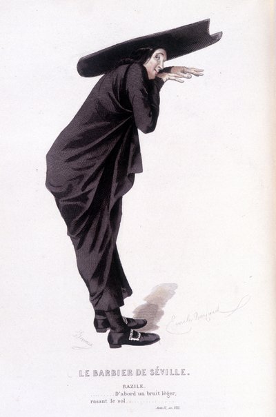 博马舍(1732-1799)作品全集》由爱德华-富尼耶著。埃米尔-巴亚尔绘图。Ed.Laplace, Sanchez et Cie, Paris 1876.这是《塞维利亚的理发师》中的巴兹尔 作者 埃米尔·安托万·贝亚德