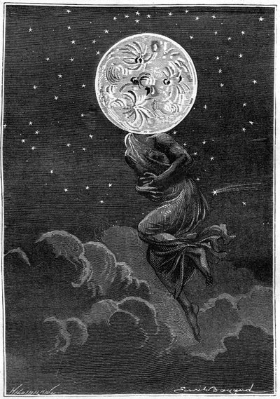 儒勒-凡尔纳的《环游月球》（Hetzel版/Voyages extraordinaire 1870）的版画（作者Emile Bayard）。"月亮化身为一个年轻女人的身体......患有绞痛！"。" 作者 埃米尔·安托万·贝亚德