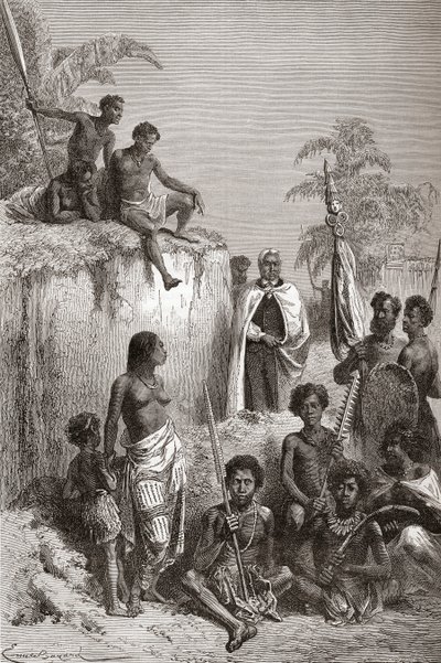 夏威夷国王Kamehameha I和他的战士，1878年出版的“手中的世界”插图（雕刻） 作者 埃米尔·安托万·贝亚德