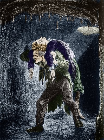 冉阿让（Jean Valjean），马吕斯背负伤，在巴黎水中逃亡 维克多·雨果（1802-1885）的小说《悲惨世界》插图 埃米尔·贝亚德（Emile Bayard）插图 -（冉阿让背着马吕斯，穿过巴黎的下水道） 巴黎）雕刻加工 作者 埃米尔·安托万·贝亚德