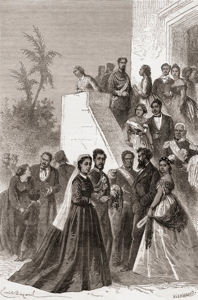 Kamehameha V，中心，与他的家人，来自&39;手中的世界&39;的插图，由Henri Theophile Hildibrand（1824-97）刻，1878年出版 作者 埃米尔·安托万·贝亚德