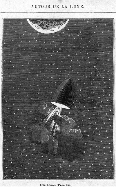 离开月球，来自Jules Verne（1828-1905）巴黎的“环绕月球”插图，Hetzel，Henri Theophile Hildibrand（1824-97） 作者 埃米尔·安托万·贝亚德