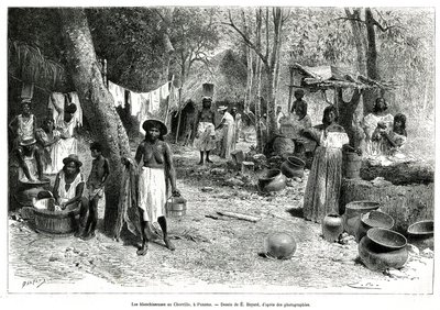 Les blanchisseuses au Chorillo, Panama, engraving after a drawing by E.Bayard, to illustrate the story Exploration at the isthms of Panama and Darien, by A. Reclus, lieutenant of ship, from 1876 to 1878, published in the tour du monde, under the direction 作者 埃米尔·安托万·贝亚德