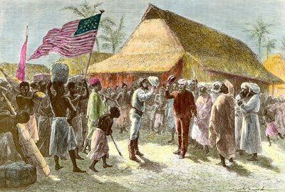 11月10日，来自威尔士的爆炸师和记者亨利-莫顿（1841-1904）与非洲大陆的苏格兰传教士探险家大卫-利文斯通（1813-1873）在坦噶尼喀湖畔的宇治会面。 作者 埃米尔·安托万·贝亚德