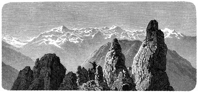 瑞士阿尔卑斯山瓦莱州萨克森浴场附近名为Pierre a Voir的山顶。Emile Bayard为Albert Dupaigne的《Les Montagnes》一书所作的插图，1881年Mame版。 作者 Emile Antoine Bayard