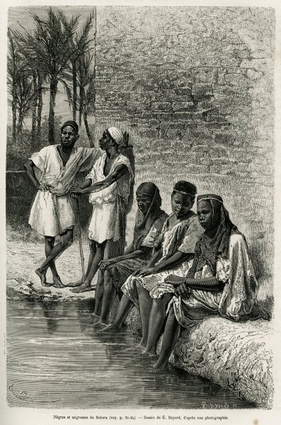 撒哈拉的黑人和女黑人，在Oued Rihr河畔。E.Bayard的版画，用于说明阿尔及利亚的撒哈拉，由V.Largeau在1874-1878年创作，发表在《世界之旅》上，由Edouard Charton（1807-1890）指导。 作者 埃米尔·安托万·贝亚德
