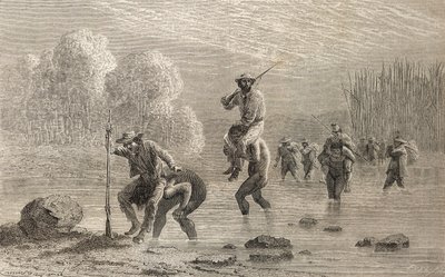 1874年，保罗·马可和他的远征被印第安人印第安人所穿越阿根廷的沼泽地，1878年出版的“手中的世界”插图 作者 埃米尔·安托万·贝亚德