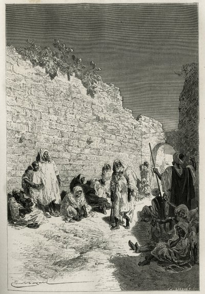 Pending the audience of the sultan, a group of men, women, urban, rural, bourgeois and beggars in the streets of Fes (Fez), the sultan grants a hearing three times a week to anyone who requests it for a favor or obtain justice, etched by Emile Bayard, to i 作者 埃米尔·安托万·贝亚德