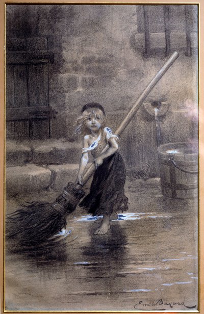 珂赛特的形象，赤脚扫地。维克多-雨果（1802-1885）的《悲惨世界》插图，作者是埃米尔-巴亚尔（1837-1891） 19世纪。巴黎，维克多-雨果之家 作者 埃米尔·安托万·贝亚德