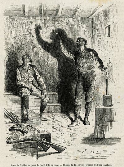 亨利-莫顿-斯坦利爵士（1841-1904年）和他的探险伙伴弗兰克-波克（Franck Pock）决定用埃米尔-巴亚尔（Emile Bayard）绘制的他们的旅行路线的桩子或脸，来说明 "穿越神秘大陆"（赤道非洲）的故事，这是一次远航。 作者 埃米尔·安托万·贝亚德