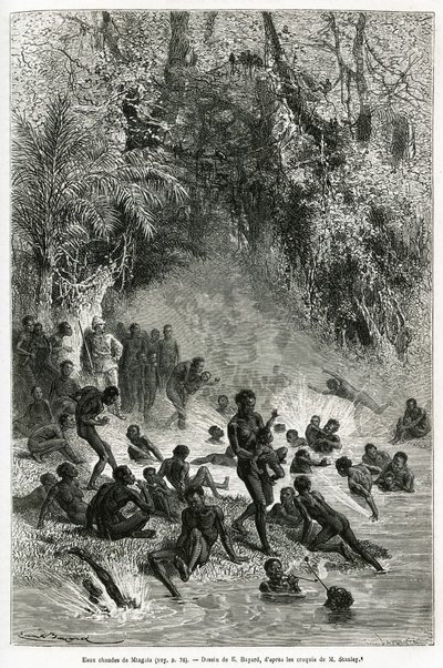 亨利-莫顿-斯坦利爵士（1841-1904年）在卡拉古埃地区（喀麦隆）的沐浴者中间，他们跳入Mtagata峡谷的热水和医疗水盆中，由埃米尔-巴亚尔绘制，为故事《穿越神秘大陆》作插图。 作者 埃米尔·安托万·贝亚德
