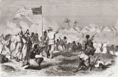 斯坦利在1871年探险期间袭击了Zimbizo，来自“手中的世界”的插图，由Henri Theophile Hildibrand（1824-97）刻，于1878年出版 作者 埃米尔·安托万·贝亚德