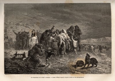 埃斯基马尔人惊奇地发现弗里德里希斯塔尔（格陵兰）附近的音乐盒，由埃米尔·贝亚德 (Emile Bayard) 绘制，描绘了 La Germania 和 La Hansa 在 1869-1870 年航行到北极的航行，由 He 船长 作者 埃米尔·安托万·贝亚德