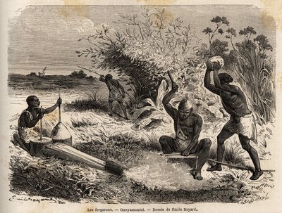 铁匠，在ounyamouezi（非洲大湖区），由Emile Bayard（1837-1891）绘制，说明1860年至1863年Speke船长的非洲发现之旅。雕刻在《世界之旅》中，由Edouard Charton编辑。 作者 埃米尔·安托万·贝亚德