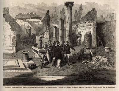 1864年在菲奥雷利检查员的指导下在庞贝进行的发掘，由埃米尔-巴亚尔（1837-1891）绘制，以说明马克-莫尼耶（1829-1885）的文章《庞贝和庞贝人》。爱德华-查特编辑的《世界之旅》中的版画 作者 埃米尔·安托万·贝亚德