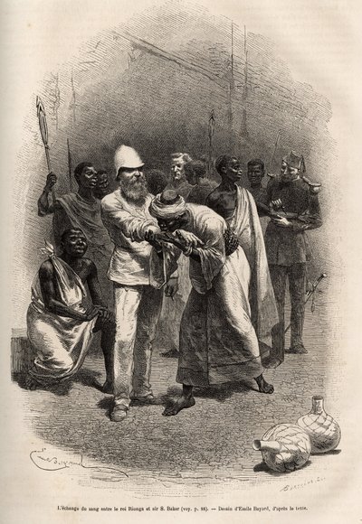 The exchange of blood between King Rionga and Sir Baker, after drinking a large amount of banana cider and spending a night watching and young, the ceremony takes place, each in turn they cut their forearms and drink a drop of blood, then Rionga Vakil is p 作者 Emile Antoine Bayard