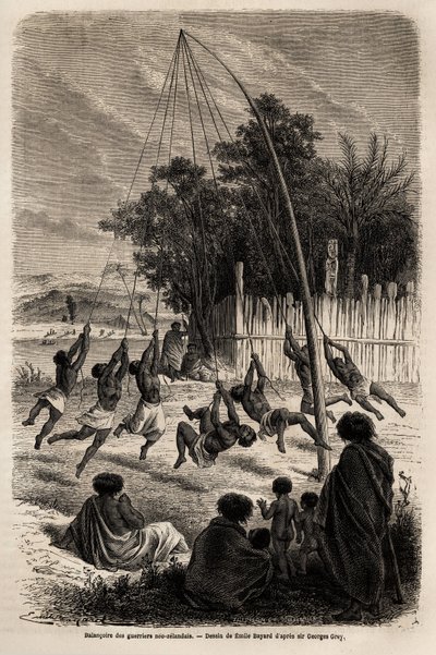 奥克兰地峡的新祖国战士的秋千，由Emile Bayard（1837-1891）绘制，用于说明Ferdinand de Hochstetter于1858年至1860年的新西兰之旅。雕刻在 "Le tour du monde "中，由Edouard Charton编辑。 作者 埃米尔·安托万·贝亚德
