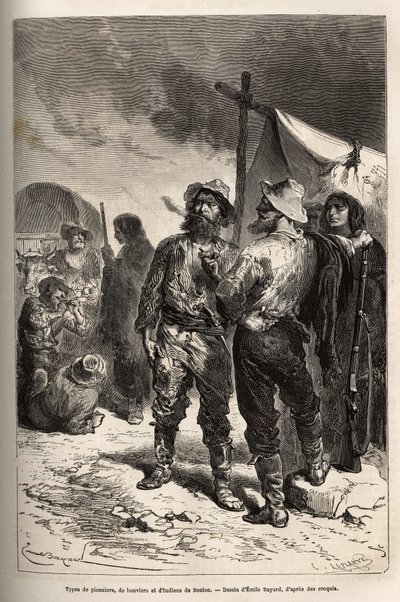 本顿(蒙大拿州)的先驱者和印第安人的类型，根据Emile Bayard的画作雕刻，说明1868年从华盛顿到旧金山的航行，由L. Simonin绘制，发表在《世界之旅》1874年，由Edouard Cha编辑。 作者 埃米尔·安托万·贝亚德