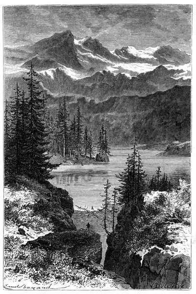 阿尔卑斯山的景色：森林、湖泊、山峰。Emile Bayard为《Les Montagnes d