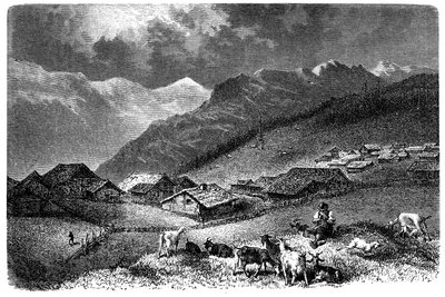 Village in the Alps. Murren, in the Bernese Oberland, altitude 1630 meters. Shepherd keeping his herd of goats and sheep (sheep). Illustration by Emile Bayard for Albert Dupaigne