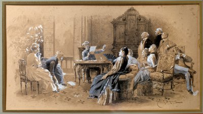 作家小大仲马 (1824-1895) 阅读他的作品 Lavis d