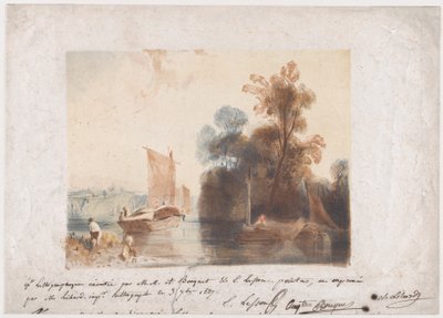 河流和船的风景，1837年 作者 埃米尔·奥伯特·勒索雷（Emile Aubert Lessore）