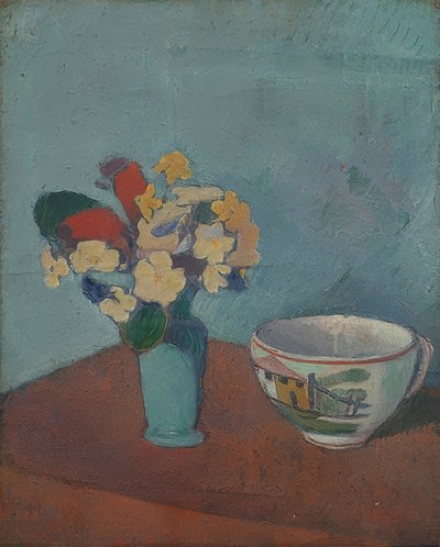 有花和杯子的花瓶。 1887-88 作者 埃米尔·伯纳德（Emile Bernard）