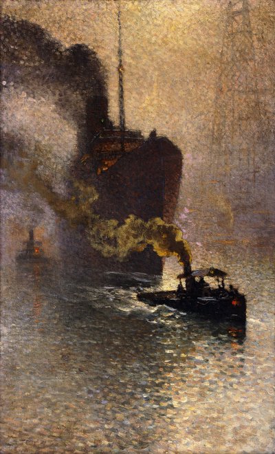 在雾中泰晤士河上的拖曳中； Escort sur la Tamise dans le Brouillard-1918年在泰晤士河上被拖走 作者 埃米尔克劳斯