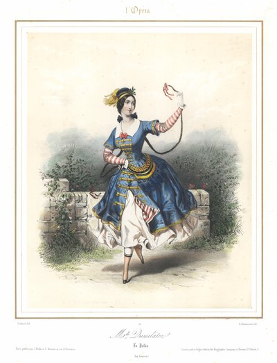 法国芭蕾舞演员Adele Dumilatre在巴黎歌剧院跳舞，约1840年（彩色平版印刷）。 作者 埃米尔·德斯麦森斯