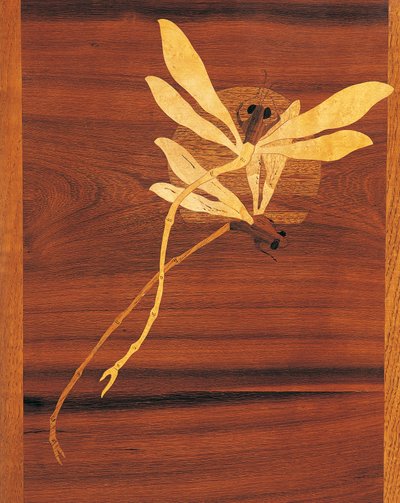 蜻蜓，新艺术风格橱柜的细节，约1900年，由Emile Galle（1846-1904），雕刻和镶嵌的胡桃木，法国，20世纪 作者 埃米尔·加勒（Emile Galle）