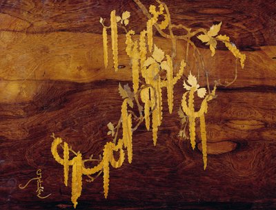 嵌有植物图案的新艺术风格嵌套桌的细节，约1900年，由Emile Galle（1846-1904）设计，细节，法国，20世纪 作者 埃米尔·加勒（Emile Galle）