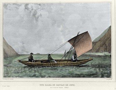 的的喀喀湖（玻利维亚）上的轻木或轻舟。 埃米尔·拉萨尔 (1813-1871) 的石版画 - 在 Alcide D