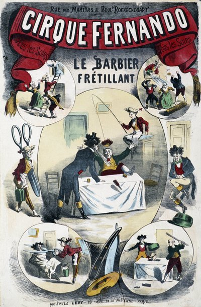 Cirque Fernando: The Writing Barber - Lévy 海报，19 世纪末 作者 埃米尔利维