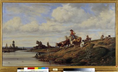 盖格河的经过 一头牛和他的牛群经过一条河。 Emile Loubon (1809-1863) 的画作 强制提及：CollectionfondationthoughtsdeProvence,Marseille 作者 埃米尔·卢本（Emile Loubon）