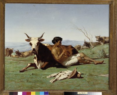 吹笛子的年轻父亲。埃米尔-卢邦（1809-1863 年）的画作。必须提及：普罗旺斯问候基金会收藏，马赛 作者 埃米尔·卢本（Emile Loubon）