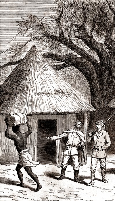 非洲小屋前的探险者和搬运工，1887 年（蚀刻版画） 作者 