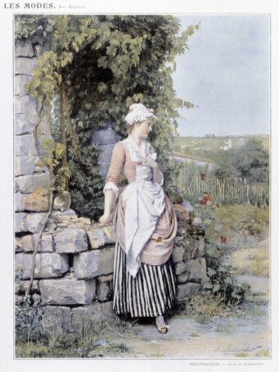 等待约会的单身女性 (Rendez-vous) - 生病了。 德梅茨马赫，诉 1900 作者 埃米尔·皮埃尔·梅茨马赫（Emile Pierre Metzmacher）