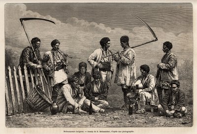 The Bulgarian harvesters, during their break, with their fake and the objects of their daily laborious: pipe, bottle of wine and a kind of biniou, engraving after the drawing by E.Metzmacher, illustrating the journey to Bulgaria, by Guillaume Lejean, in 18 作者 埃米尔·皮埃尔·梅茨马赫（Emile Pierre Metzmacher）