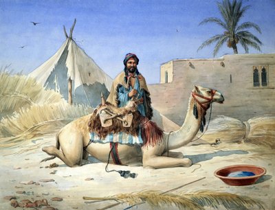 骆驼旁的贝都因人，可能在埃及"，约 1836-1843 年。水彩画。Emile Prisse d