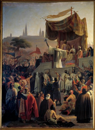 1146 年 3 月 31 日，在勃艮第的维泽莱，圣伯纳德 (San Bernardo di Chiaravalle) 在路易七世国王和阿基坦的阿列诺王后和阿贝苏格的见证下宣讲第二次十字军东征。 (圣伯纳德在 Vez 宣讲第二次十字军东征 作者 埃米尔·西尼奥尔