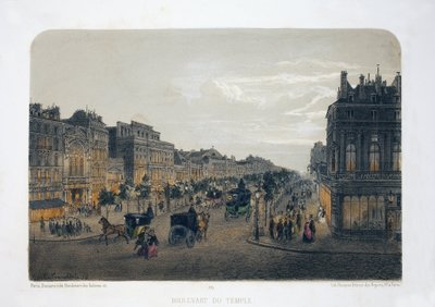 巴黎圣殿大道。 石版画水彩画，E.de la Tramblaiz 插图，收录于“专辑，巴黎纪念品”，Daziaro 编辑，巴黎 作者 埃米尔·德拉特拉布莱斯