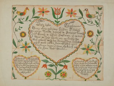 Fraktur - 出生和洗礼证书 作者 艾玛·M·克鲁姆林