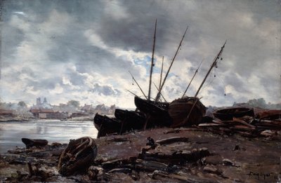 等待潮汐的船只，1882年。 作者 伊曼纽尔·兰瑟（Emmanuel Lansyer）