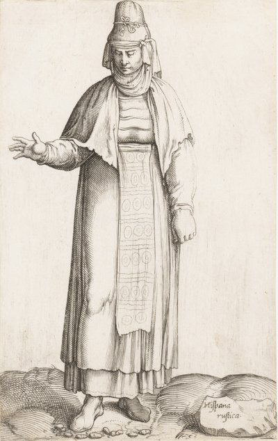 服装板：Hispana Rustica，岩石上有标签，约1557-58年。 作者 Enea Vico