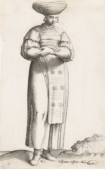 服装板：Hispania Rustica mul.地面上有标签，约1557-58年。 作者 Enea Vico
