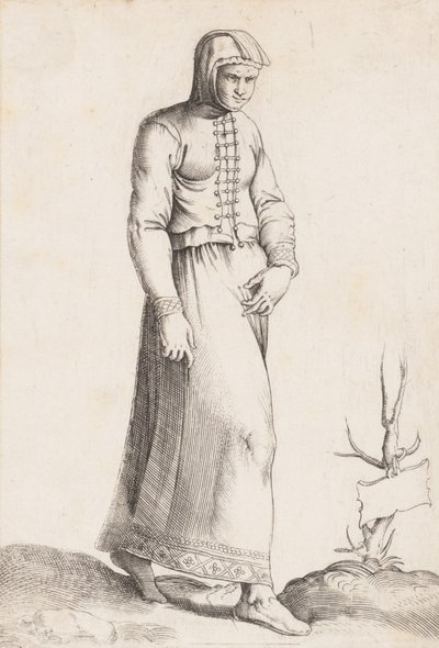 服装板：带帽衫的女人，约1557-58年。 作者 Enea Vico