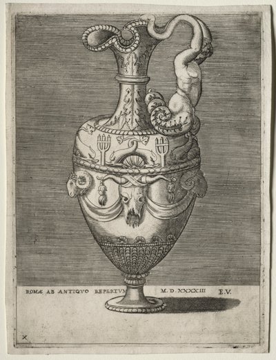 饰有海豚的陶器，1543年。 作者 Enea Vico