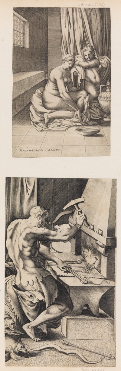 维纳斯在她的厕所，火神在他的锻造厂工作，约1546年。 作者 Enea Vico